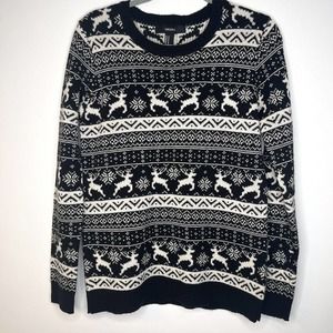 Forever 21 Black White Knit Pullover Reindeer Fair Isle Crewneck Sweater medium